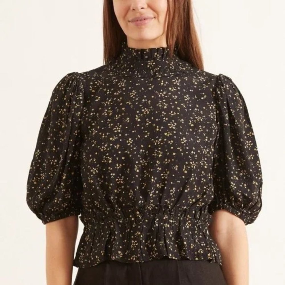 Ganni Crepe Top - Black Floral - Size 34 (US 2)